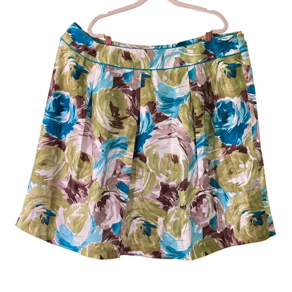 Talbots 100% Silk Floral Midi Skirt Lined Blue Green Abstract Chic Plus Size 22
